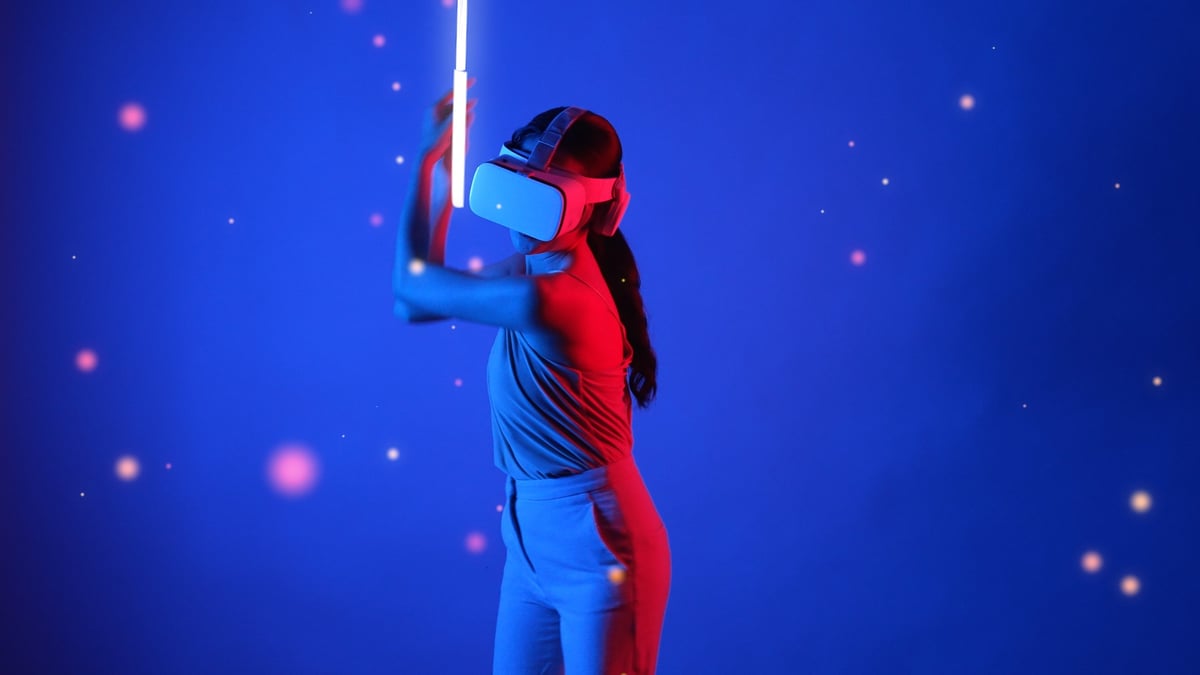 Player immersed in a futuristic neon VR world